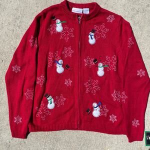 Croft & Barrow Christmas Sweater Small Red Snowman Holiday Zip Up Ugly Sweater